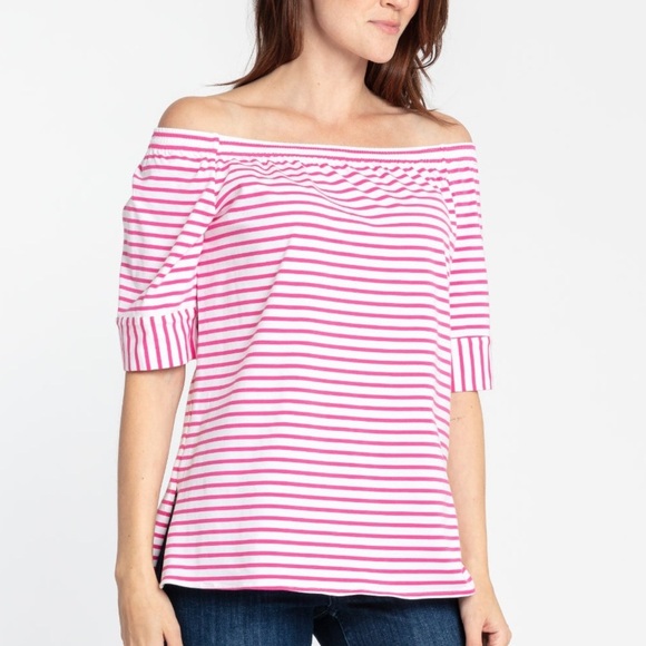 Hinson Wu Lena Elbow Sleeve Off The Shoulder Top Magenta/White NWT MEDIUM - Picture 1 of 8
